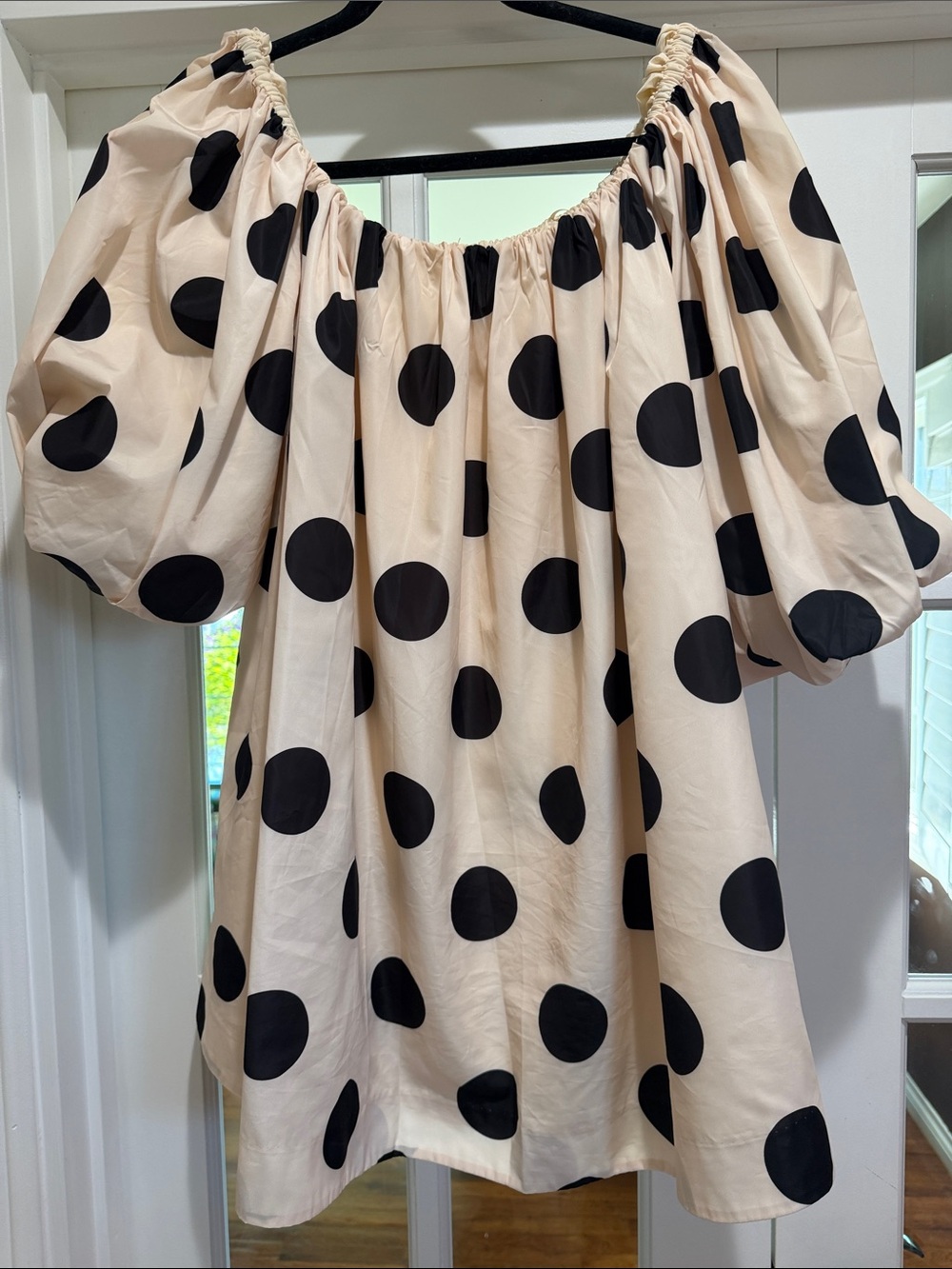Beige Polka Dot Off-Shoulder Prom Dress with Puff Sleeves